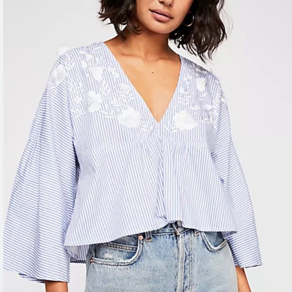 Free people Striped V-Neck Blouse with Floral Embroidery - Picture 1 of 4